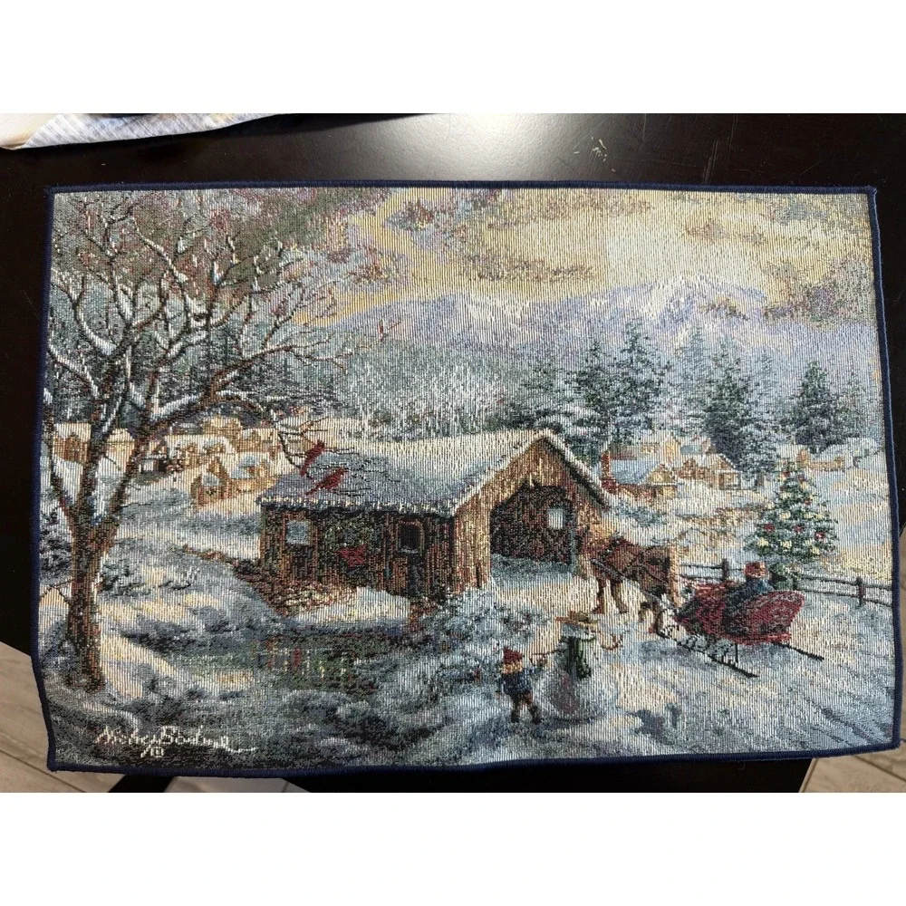 Lot of 3 Vintage Traditional Tapestries table setup Village covered bridge USA